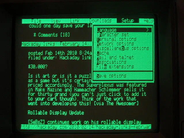 Tela de terminal retrô com texto verde